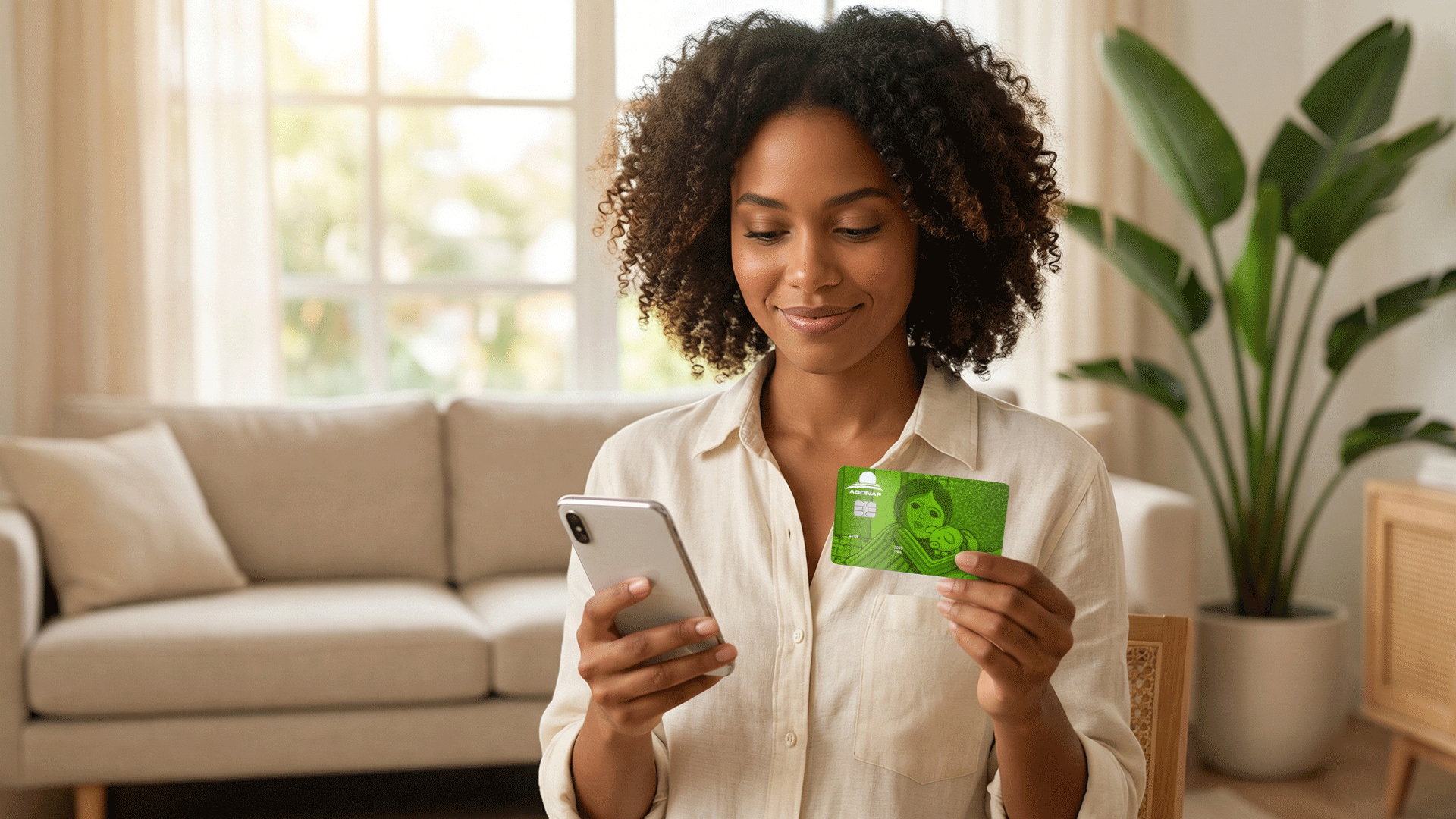 mujer con tarjeta de credito en mano y viendo la app web